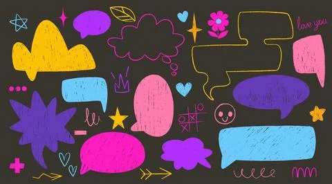 Bright crayon speech bubble set on dark bg 库存插图