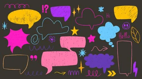 Bright crayon speech bubble set on dark bg Stock Illustration