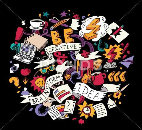 Bright creative doodles idea brainstorm color on black Stock Illustration