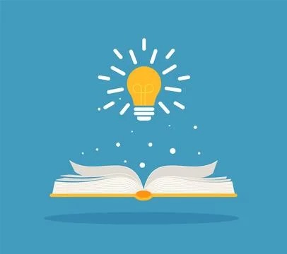 Bright creative idea light bulb over open book, Think idea concept, Flat styl Stock Illustration