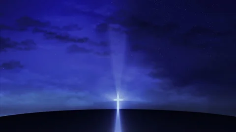 Bright cross on the hill with clouds moving on blue starry sky Stock Footage 172205086