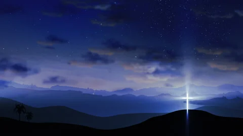 Bright cross on the hill with clouds moving on blue starry sky Stock Footage 172262896
