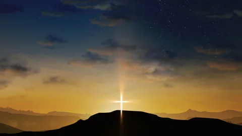 Bright cross on the hill with clouds moving on the starry sky Stock Footage 172299595