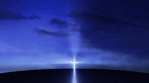 Bright cross on the hill with clouds moving on the starry sky Stock Illustration