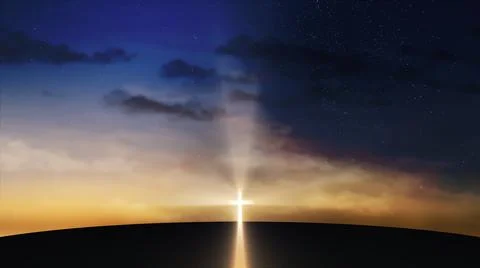 Bright cross on the hill with clouds moving on the starry sky Stock Illustration