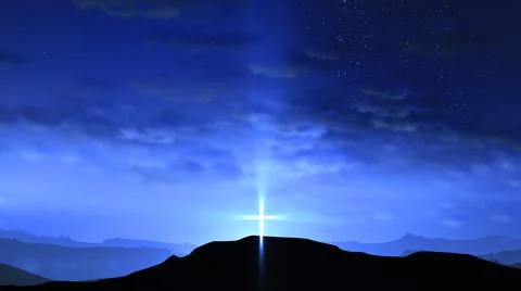 Bright cross on the hill with clouds moving on the blue starry sky Stock Illustration
