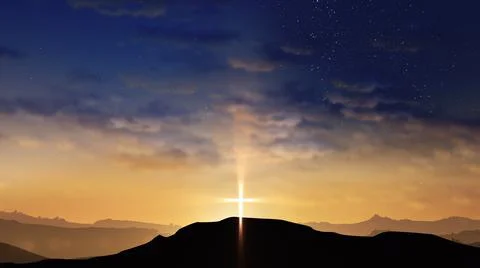 Bright cross on the hill with clouds moving on the starry sky Stock Illustration
