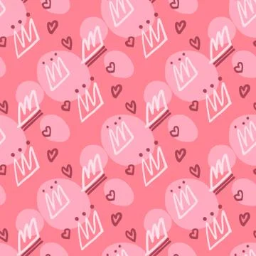 Bright crown and heart elements seamless doodle pattern. White hand drawn sil イラスト素材
