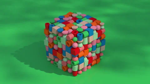 Bright cube, group of colorful geometric shapes, green background. 3d render. Stock Footage 220932663