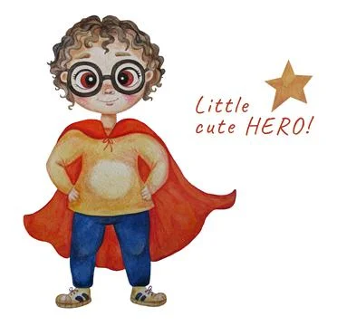 Bright cute fat super boy with glasses and curly hair in a super hero costume Stock Illustration