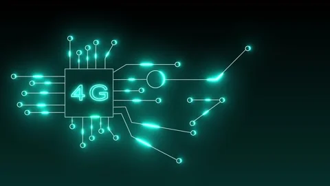 Bright cyan 4g chip with glowing circuit board connections on dark animated.. Stock Footage 337365888