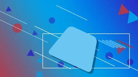 A bright cyan and blue composition centers on a tilted rounded square surro.. Stock Illustration