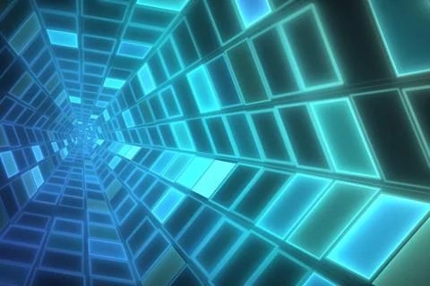 Bright cyan and blue rectangular panels line a deep perspective corridor, c.. Stock Illustration