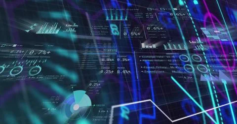 Bright cyan beam sweeping, data surface shifting panels and updating values, Stock Illustration