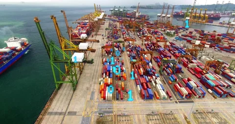 Bright cyan binary digits appearing, gliding and clustering over container Stock Footage 313509829