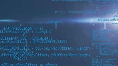 Bright cyan code snippets fluttering across blue screen, revealing lens-flare Stock Footage 307859198