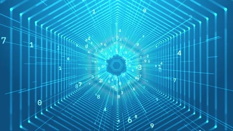 Bright cyan data tunnel visual with hexagon wire geometry, flying numbers, and d Stock Footage 340550409
