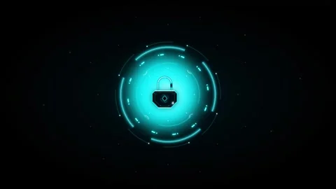 Bright cyan glowing digital padlock with radiating light and circular HUD o.. 動画素材 335826731