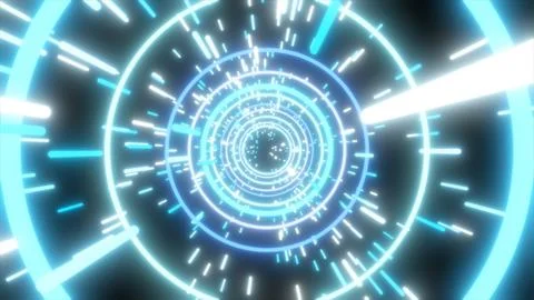 Bright cyan sci-fi tunnel with glowing rings and fast light streaks, warp s.. Stock Illustration