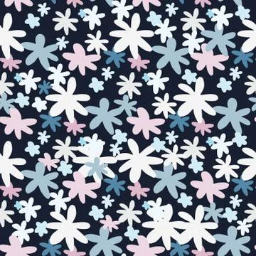 Bright daisy flower seamless pattern with black background. White and blue fl Illustrazione stock