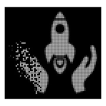 Bright Damaged Dotted Halftone Space Rocket Care Hands Icon Illustrazione stock