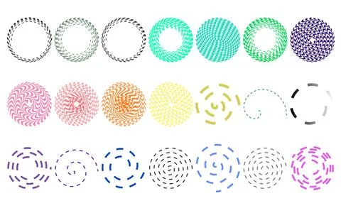 Bright dashed spiral circles, neon color radial patterns, modern decorative.. 스톡 일러스트