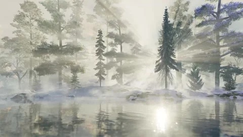Bright dawn in a snowy forest with voluminous rays of the sun Stock-Footage 263605065