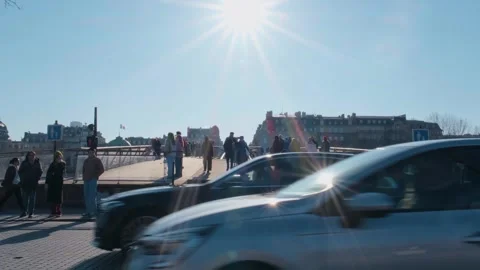 A bright day on the pedestrian bridge in central Paris Stock Footage 321278852