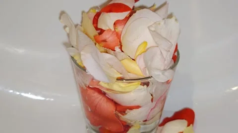 Bright decor for spa massage: colored rose petals and water drops Stock Footage 318851414