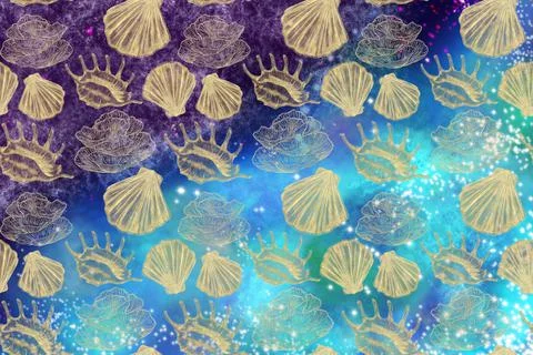 Bright decorative pattern of golden illustrations, shells and corals on the b Stock Illustration