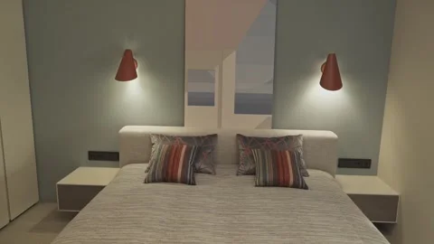 Bright decorative pillows on the bed Stock Footage 275170277