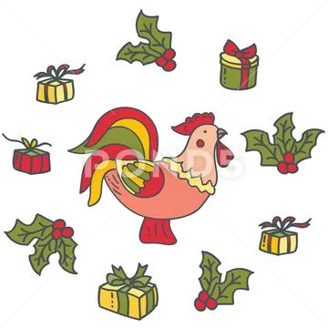 Bright decorative rooster with gifts Stock Illustration