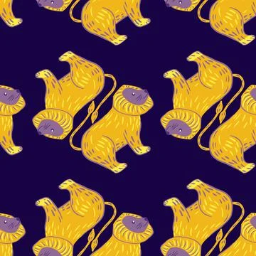 Bright decorative seamless pattern with yellow doodle lion ornament. Purple b Stock Illustration