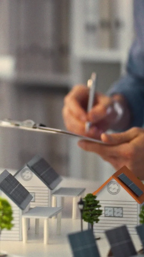 In a bright design studio an architect studies a scale model of eco-friendly Stock Footage 334396990