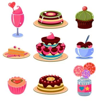 Bright Dessert Icons Set Vector Illustration Illustrazione stock