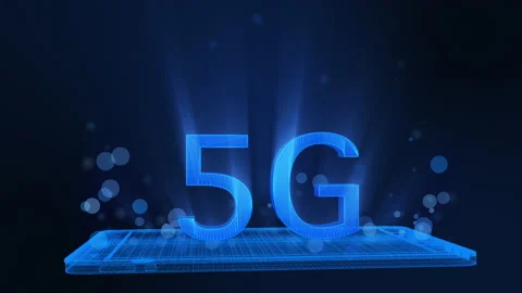 Bright digital tablet and 5G wireframe in bright blue  colors particles. Stock Footage 136528870