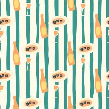 Bright dinner simple seamless pattern. Bottle of wine and dish elements in or Stock Illustration