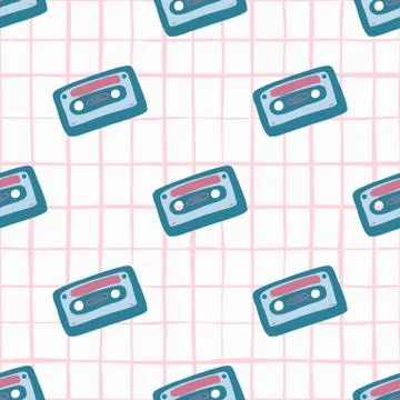 Bright disco seamless pattern with cassette ornament. White background with p Stock Illustration
