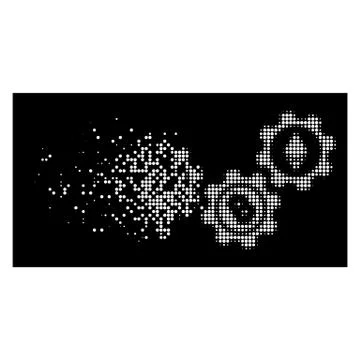 Bright Dissolving Pixelated Halftone Cryptocurrency Conversion Gears Icon 스톡 일러스트