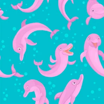 Bright dolphins are smiling. Vector seamless pattern of fish and bubbles. Stock Illustration