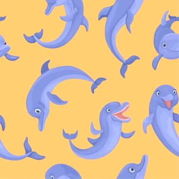 Bright dolphins are smiling. Vector seamless pattern of sea Stock Illustration