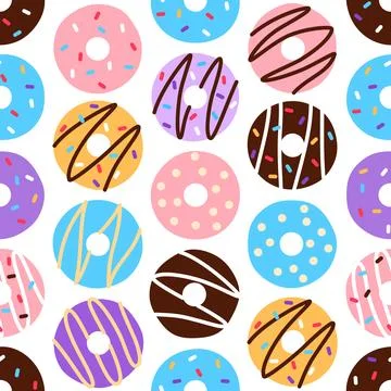 Bright donut seamless pattern on white background. Stock Illustration