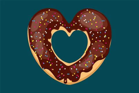 Bright donut in the shape of a heart. Vector donut with sugar sprinkles. Choc Stock Illustration