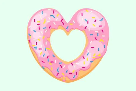 Bright donut in the shape of a heart. Vector donut with sugar sprinkles. Pink Stock-Illustration