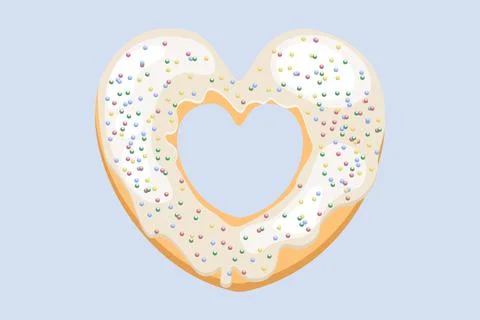 Bright donut in the shape of a heart. Vector donut with sugar sprinkles. Whit Stock Illustration