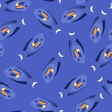 Bright doodle seamless pattern with stylized surgeon fish print. Blue tones m Stock Illustration