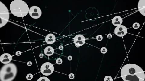 Bright dot expanding into icon linking icons rotating under purple flare pulsing Stock Footage 310318264