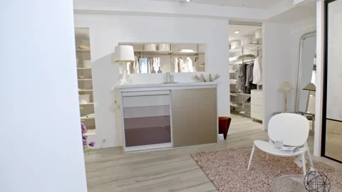 Bright Dressing Room with Walk In Closet, Modern Interior, Panning Shot Stock Footage 341395059