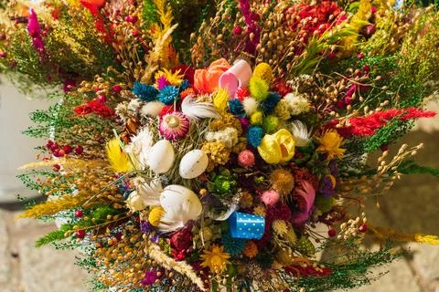 Bright Easter Bouquet of Spring Flowers on Street Flower Market Stock Photos