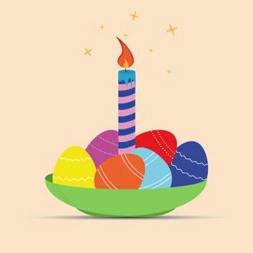 Bright Easter, colored eggs and a burning candle Illustrazione stock